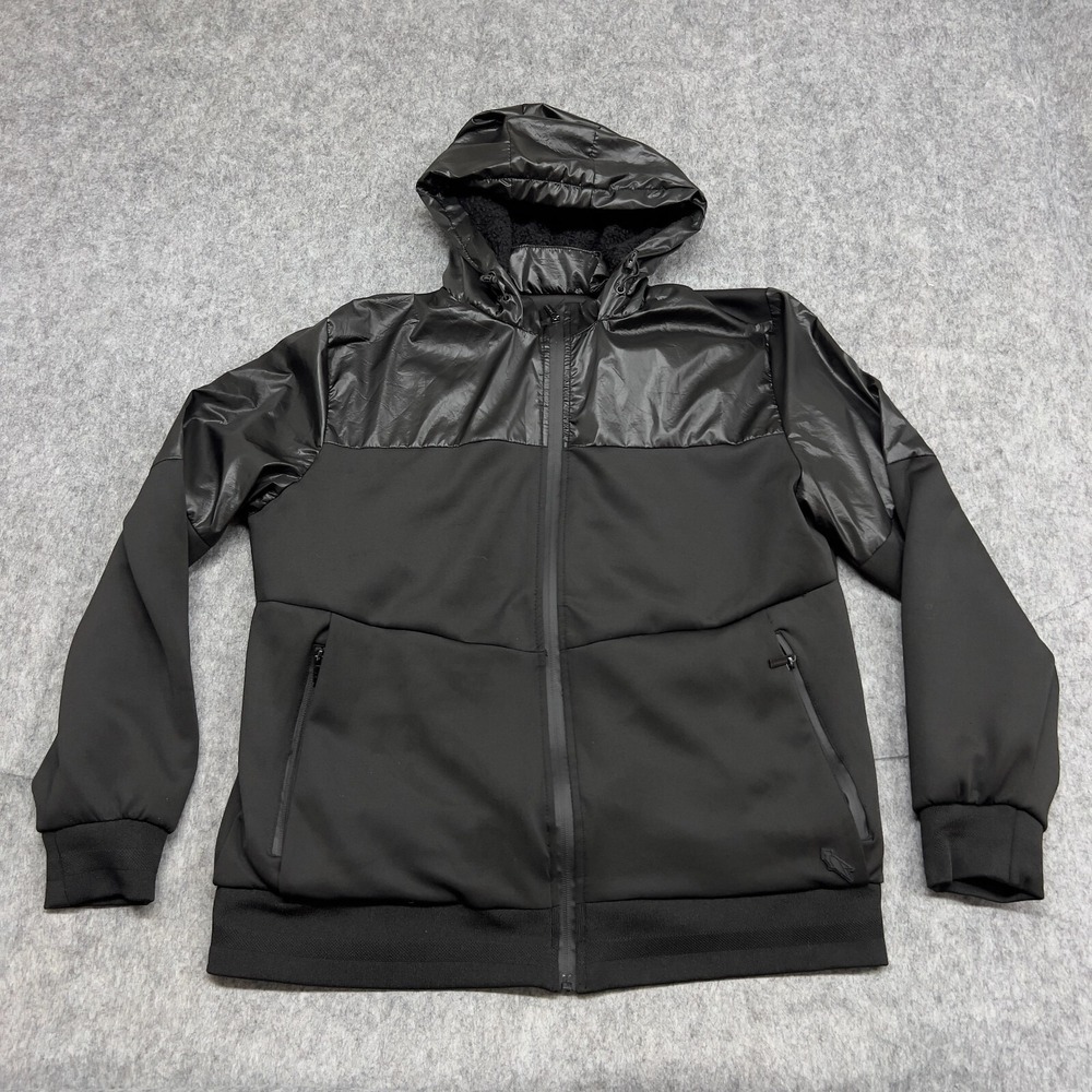Stone Falcon Jacket Mens XL Black Hooded Full Zip Faux Leather Fleece Lined